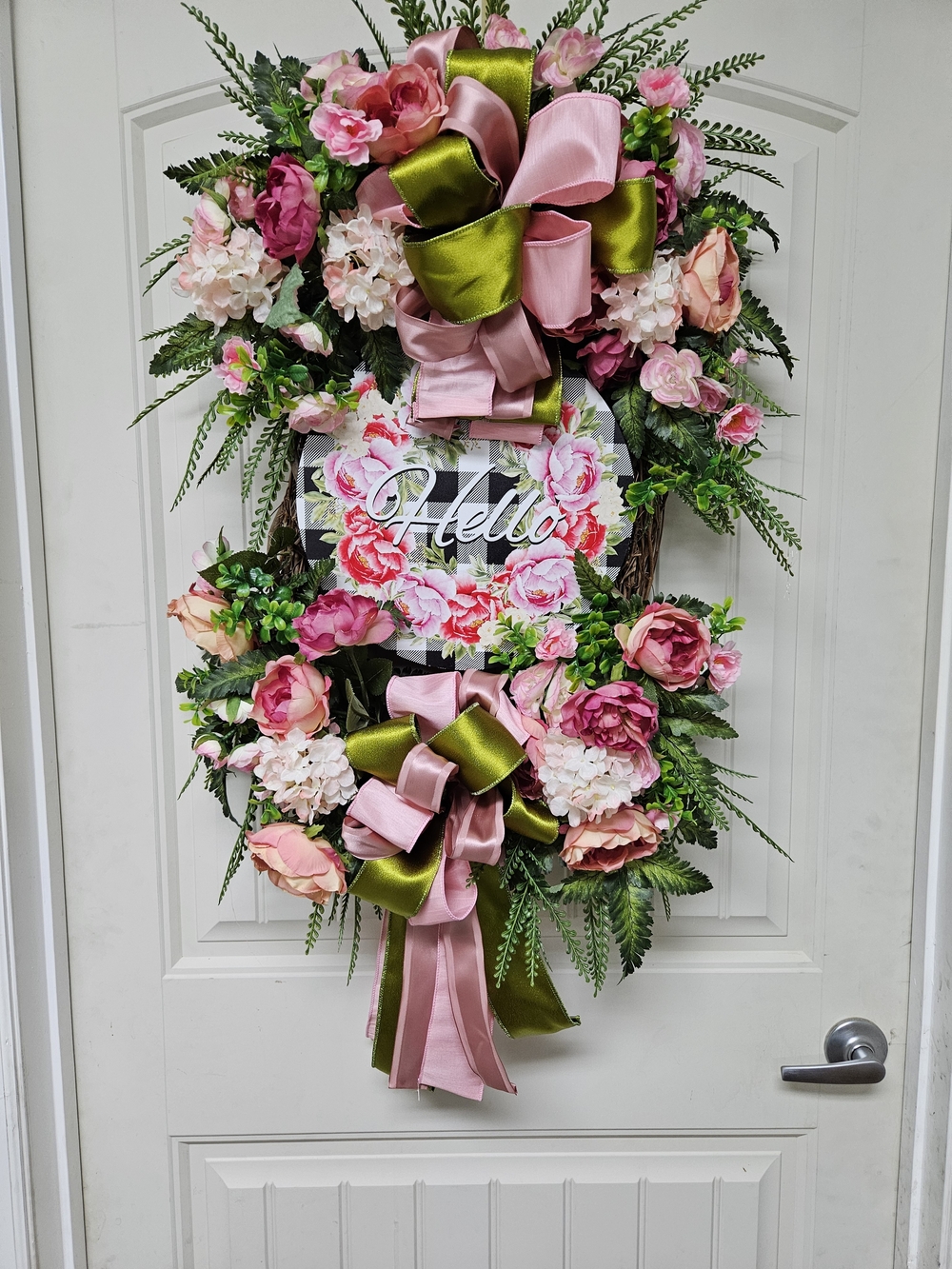 Pink & Olive Floral Welcome Wreath with Ribbon
